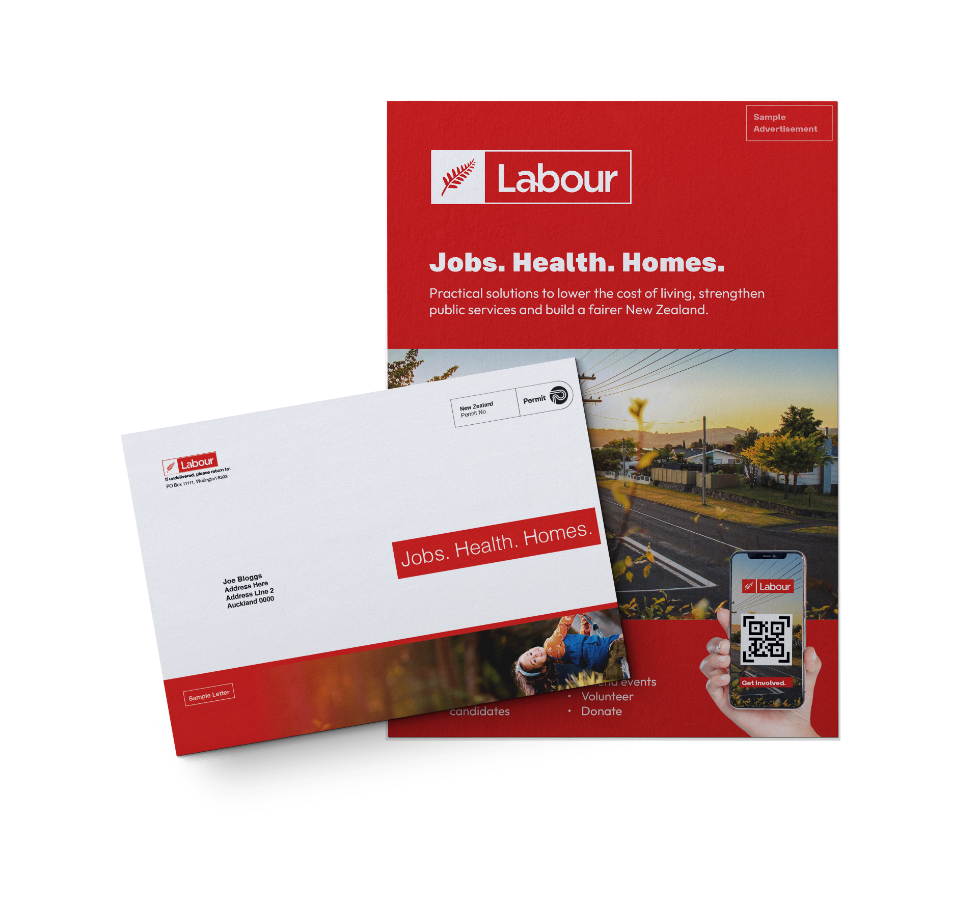 Sample Labour campaign brochure showing direct mail, addressed letter and QR-linked digital collateral